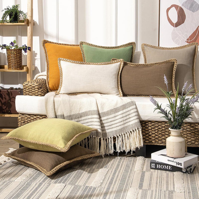 Phantoscope Pack of 2 Farmhouse Decorative Solid Throw Decorative Pillow Cover Burlap Linen Trimmed Tailored Edges Coffee 26 x 26 inches, 65 x 65 cm - Image 5
